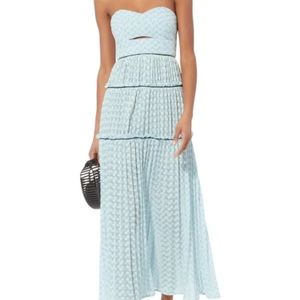 Self portrait light blue and gold metallic strapless MIDI dress sz us 8 uk 12